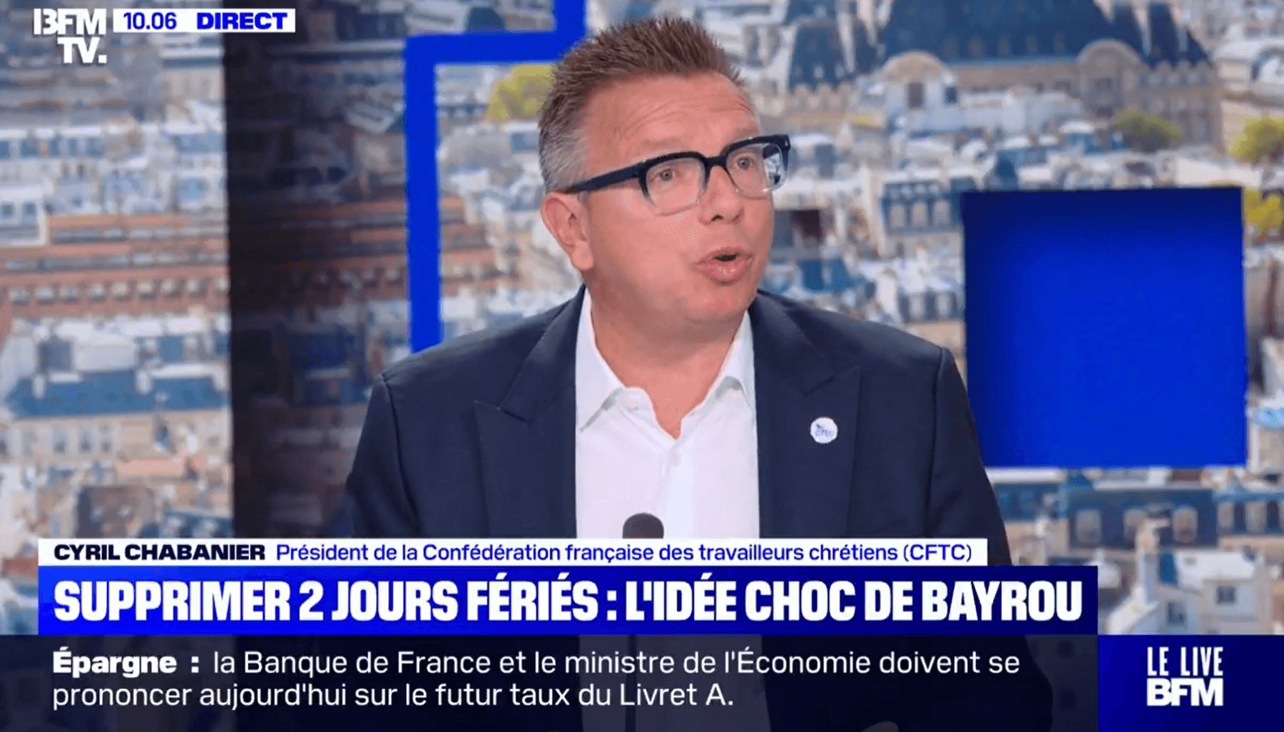 Suppression de deux jours fériés : « La CFTC ne participera pas à ce débat » tranche Cyril Chabanier sur BFM TV